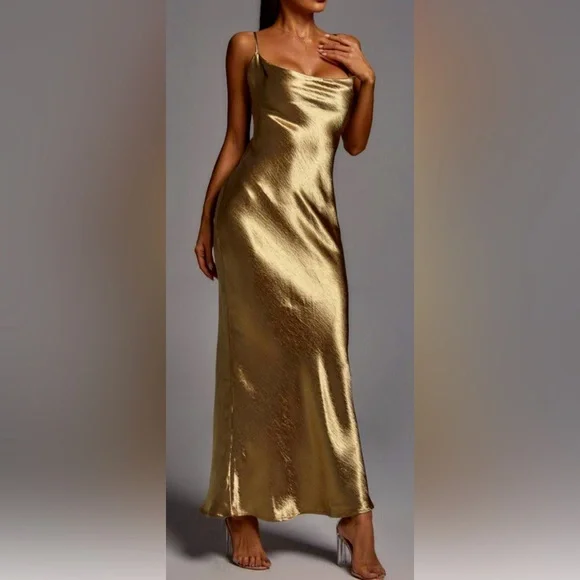 Anthropologie | Dresses | Anthropologie Evening Dress Gold Metallic Long  Sleeveless Side Zipper Gathered S | Poshmark